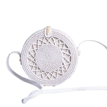 

AUAU-Woven Bag Round Straw Shoulder Bag Small Beach Handbags Women Summer Hollow Handmade Messenger Crossbody Bags