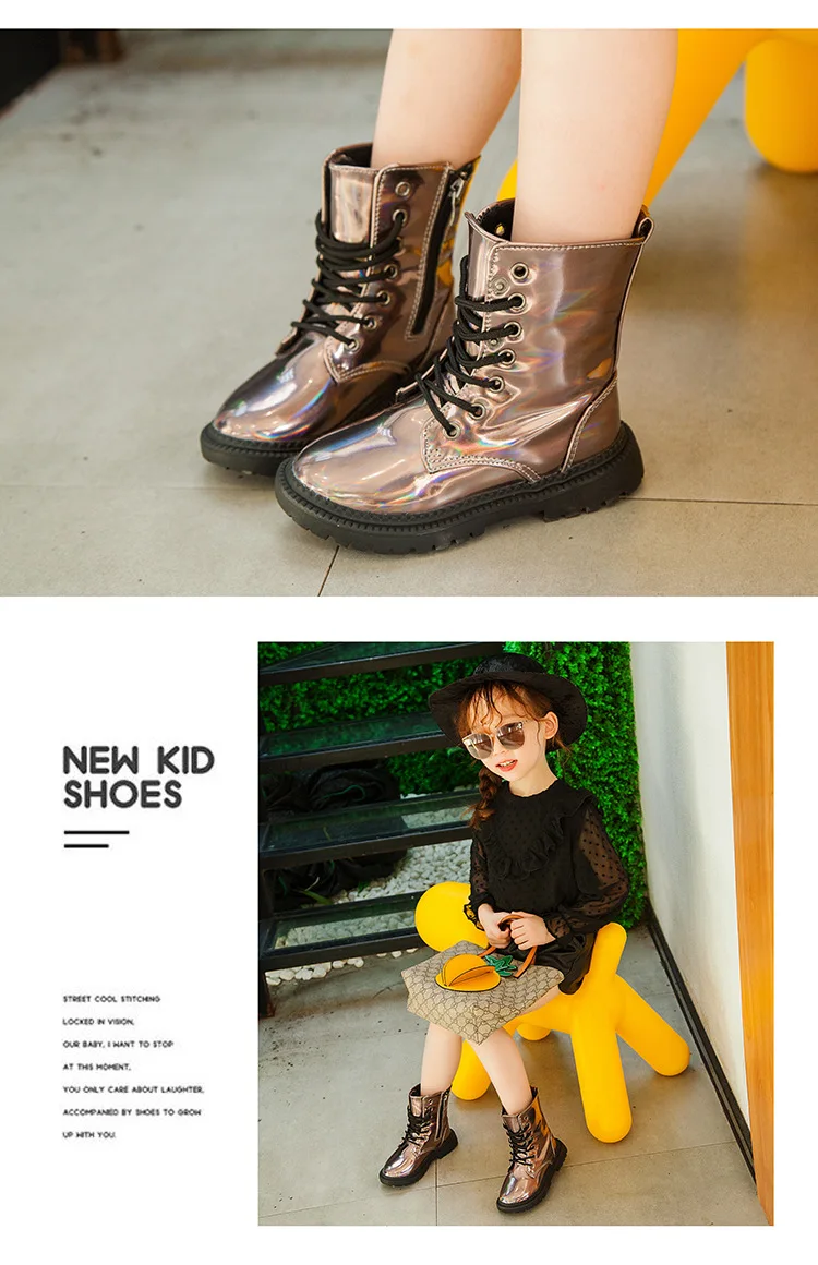 Spring New girls wings high boots Martin boots fashion boots breathable single British fashion boots black silver