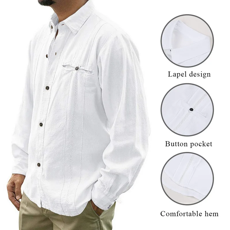 Мужские свободные кубинские Camp Guayabera льняные однотонные рубашки с длинными рукавами повседневные пляжные воздухопроницаемые рубашки на пуговицах