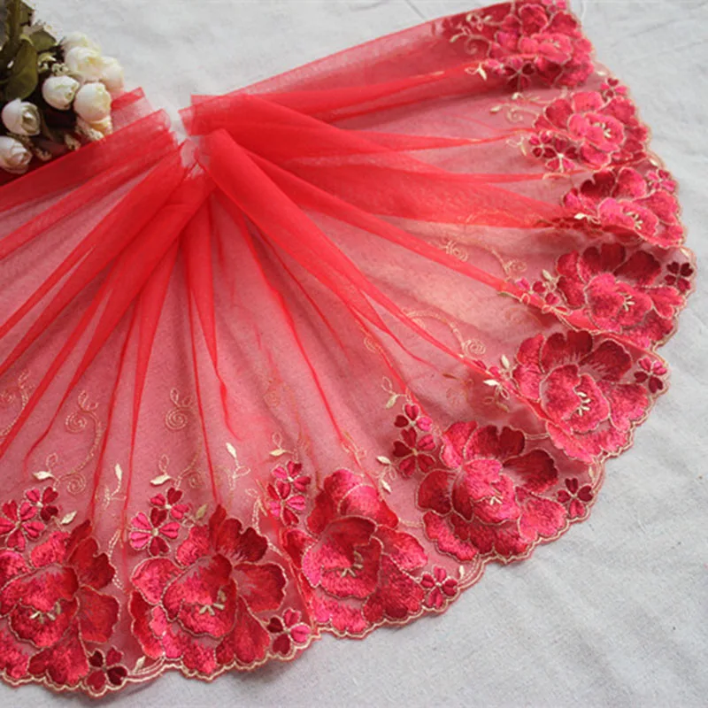 

10Meters Red Flowers Lace Trim Bridal Belt Headwear Garment Embroidered Laces Fabric for DIY Bra Underwear