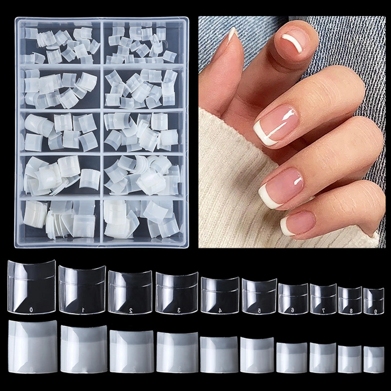 Puntas de uñas postizas falsas acrílicas cortas de 200 piezas, puntas de  uñas francesas cuadradas de media cubierta, 10 tamaños para salón de  manicura DIY|Uñas postizas| - AliExpress