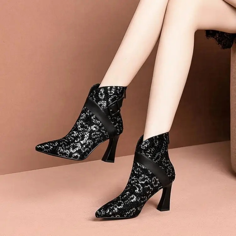 

Qiu dong female pointed thick with high-heeled shoes leather and printed short boots ankle boot Martin boots boots suede