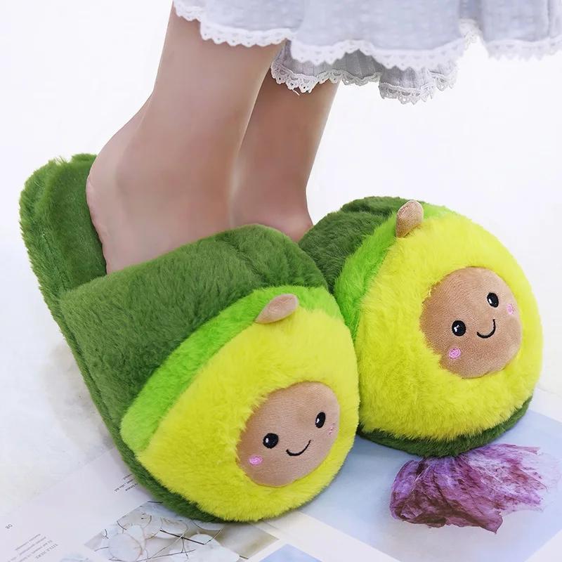 Kawaii/плюшевые тапочки в виде куклы авокадо; милая теплая Домашняя обувь из плюша с изображением животных