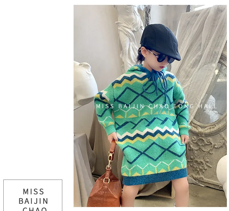 Girls sweater autumn new loose foreign hooded casual rhombic long section pullover sweater tide