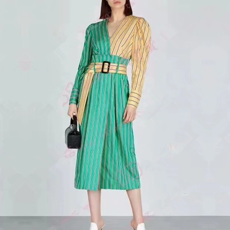

High Quality Striped Woman Maxi Dress V-Neck High Waist Long Sleeve Print Patchwork Sashes Dress Fashion 2019 Autumn New