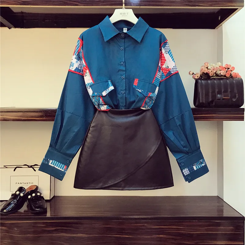 Уличная рубашка с длинными рукавами и отворотами в стиле ретро Blusas мини-юбка из