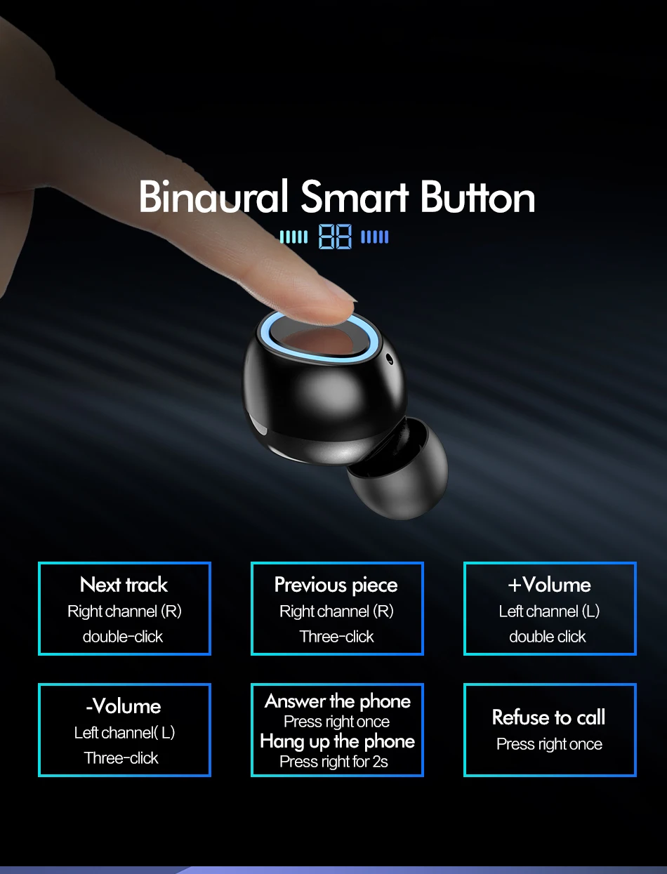 TWS, отпечаток пальца, сенсорные беспроводные Bluetooth V5.0 наушники, шумоподавление, стерео бас наушники, светодиодный дисплей, гарнитура с микрофоном