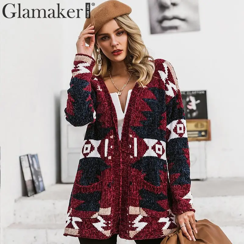 Glamaker Knitted geometric long sleeve v neck elegant cardigan Women loose warm cardigan Female autumnwinter party sexy cardigan