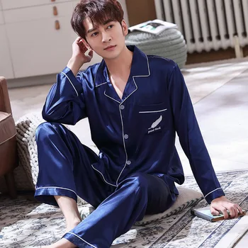 

2020 New Pajamas Men's Ice Silk Autumn Simulation Silk Long Sleeve Casual Home Wear Suit Mens Pyjama Homme