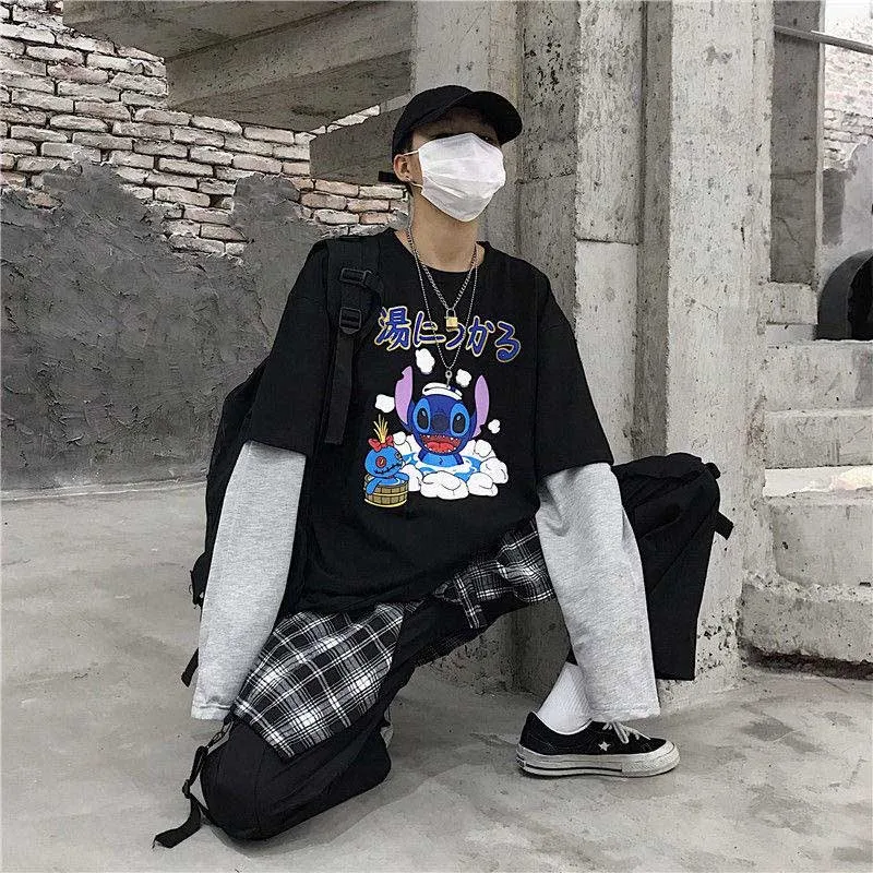 Черный NiceMix Женская Harajuku Винтажная футболка с длинным рукавом Ulzzang лоскутное письмо комический принт свободный Круглый Вырез Эластичный весенний зимний топ F - Цвет: Черный