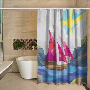 

Modern 3D Printed Shower Curtain Sun Sky Clouds Sail Boat on The Sea Vitray Style Fractal Landscape Funky Picture Hotel Quality