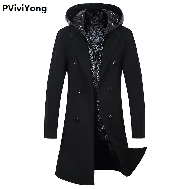 

PViviYong 2019 new arrival autumn&winter high quality wool trench coat men,men's hooded Double sided wool turn-down collar jackets men plus-size M-3XL NZ9827