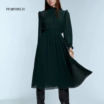 

Women's Chiffon Round Neck Lace Long Sleeve Elastic Waist Solid Color Pleated Slim Dress
