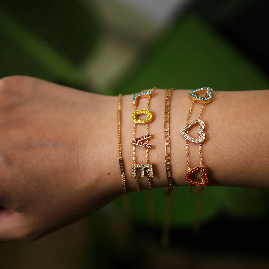 Bracelet IngeSight. Z 4 шт./лот богемный Кристалл сладкий сердце браслет на запястье амулет радужные стразы письмо браслет для женщин ювелирные изделия - Окраска металла: Bracelet