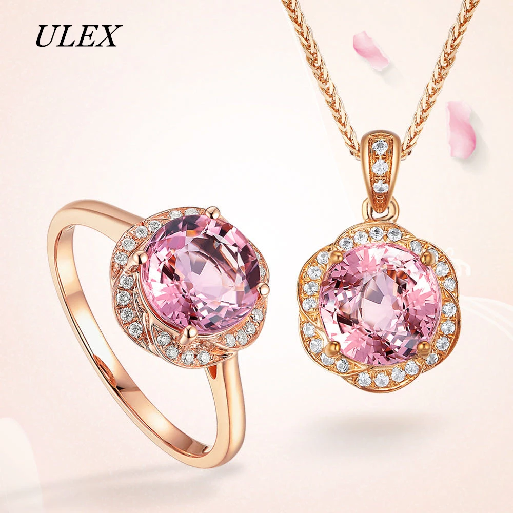 ULEX Rose Gold Color CZ Cubic Zirconia Pink Crystal Pendant Necklace and Ring Jewelry Set Choker Womens Gift Drop Shipping | Украшения и