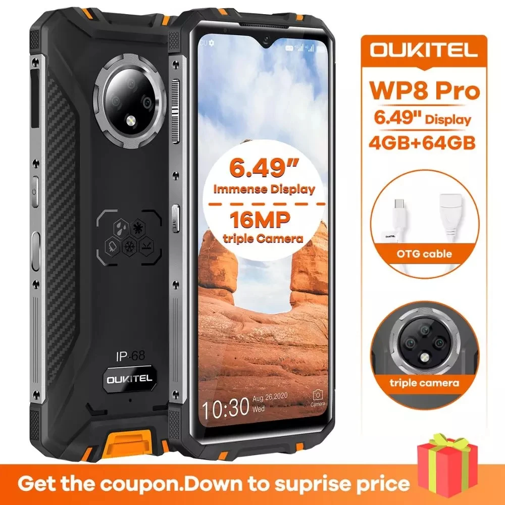 

original OUKITEL WP8 Pro IP68 Waterproof Mobile Phone NFC 6.49'' HD+ 4GB 64GB MT6762D Octa Core Android 10 4G Smartphone 5000mAh