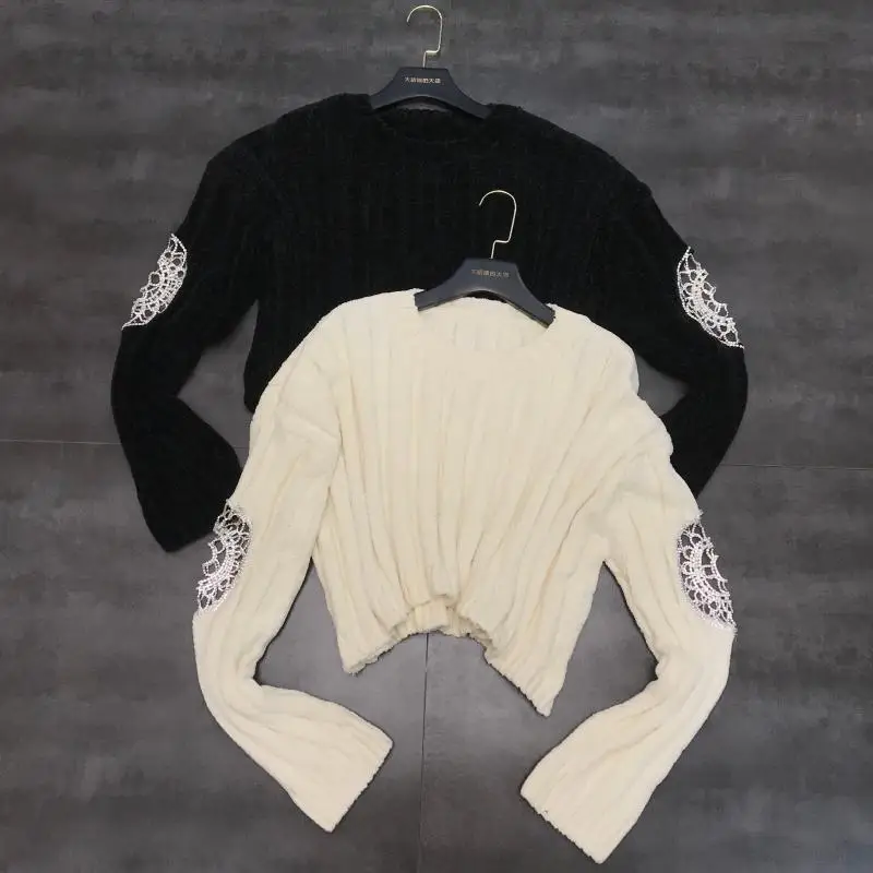 Зимний женский свитер, однотонный пуловер с алмазными полыми рукавами и цветочным принтом, короткий вязаный свитер стрейч