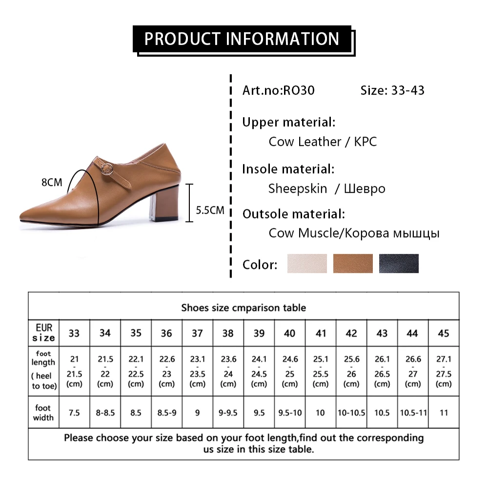 RJN Genuine Leather Women Pumps Sexy Pointed Toe High Square Heel Stylish Buckle Decoration Slip-On Ladies Pumps For Job RO30