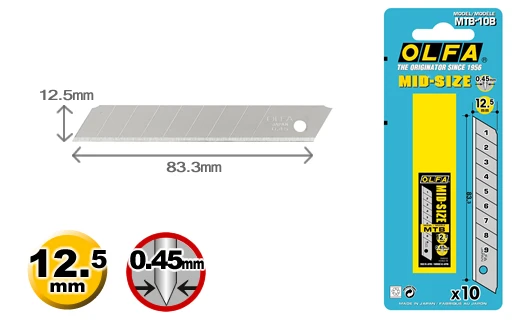 MADE IN JAPAN OLFA MTB-10B 10 medium-sized 0.45mm-thick tough blades in a plastic case.Blister FOR OLFA MT-1 CS-5