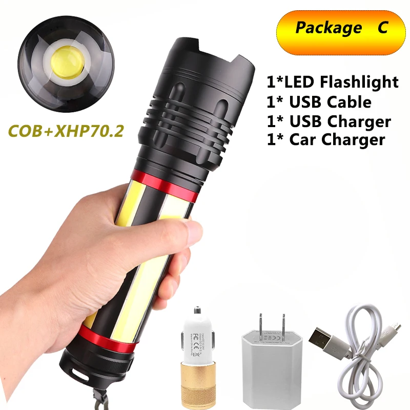 Package C Яркий XHP70+ COB светодиодный светильник-вспышка 7 режимов, светильник-вспышка, перезаряжаемый зум, водонепроницаемый фонарь, встроенный 7200 мАч для кемпинга - Испускаемый цвет: Package C