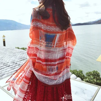 

New Fangzheng geometric cotton and hemp scarf 100 air conditioning fashion shawl seaside vacation