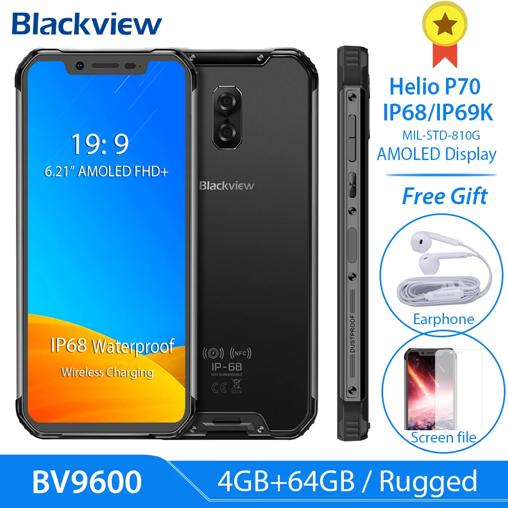 

New Blackview 2019 BV9600 Waterproof Rugged Mobile Phone Helio P70 Android 9.0 6.21" 19:9 AMOLED 5580mAh 4GB+64GB Smartphone
