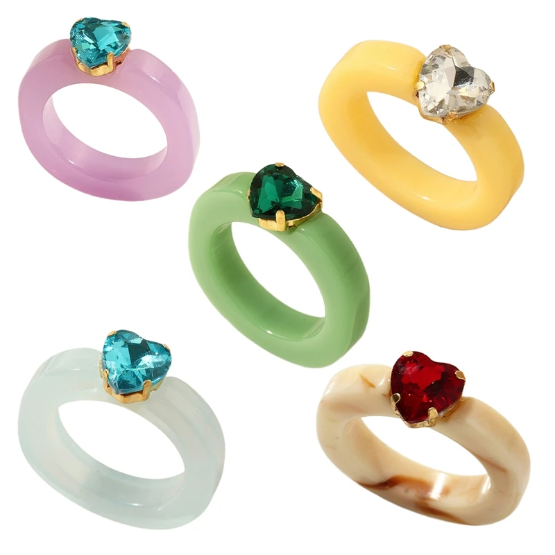 Fashionable Simple Candy Color Resin Ring Heart Shaped Rhinestone Accessories