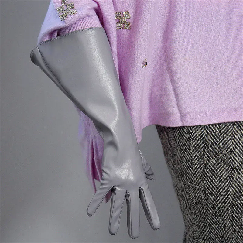 light grey Длинные перчатки из лакированной кожи 38 см, с большим рукавом, для принцессы, с широкими манжетами, имитация кожи, унисекс, для мужчин и женщин, армейский зеленый цвет, PU160 - Цвет: light grey