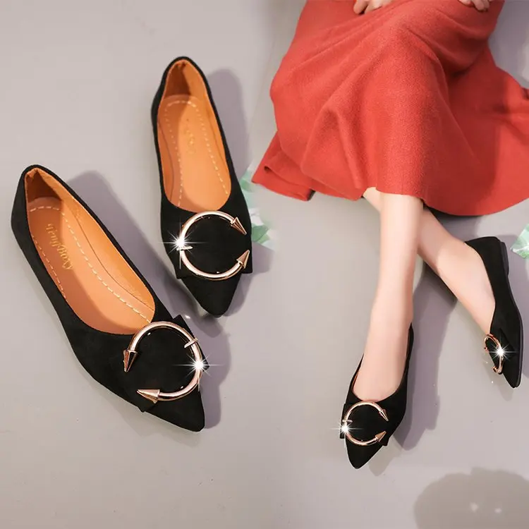 

2019 Spring New Style Korean-style round Buckle Pointed Shallow Mouth Flat Moccosins WOMEN'S Thin Shoes