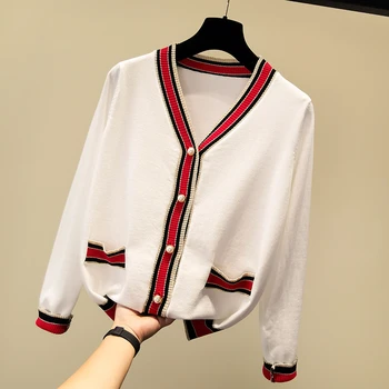 

V-neck Fashion Patchwork cardigan sweater women long sleeve loose knitted cardigans elegant korean 2019 autumn new arrival