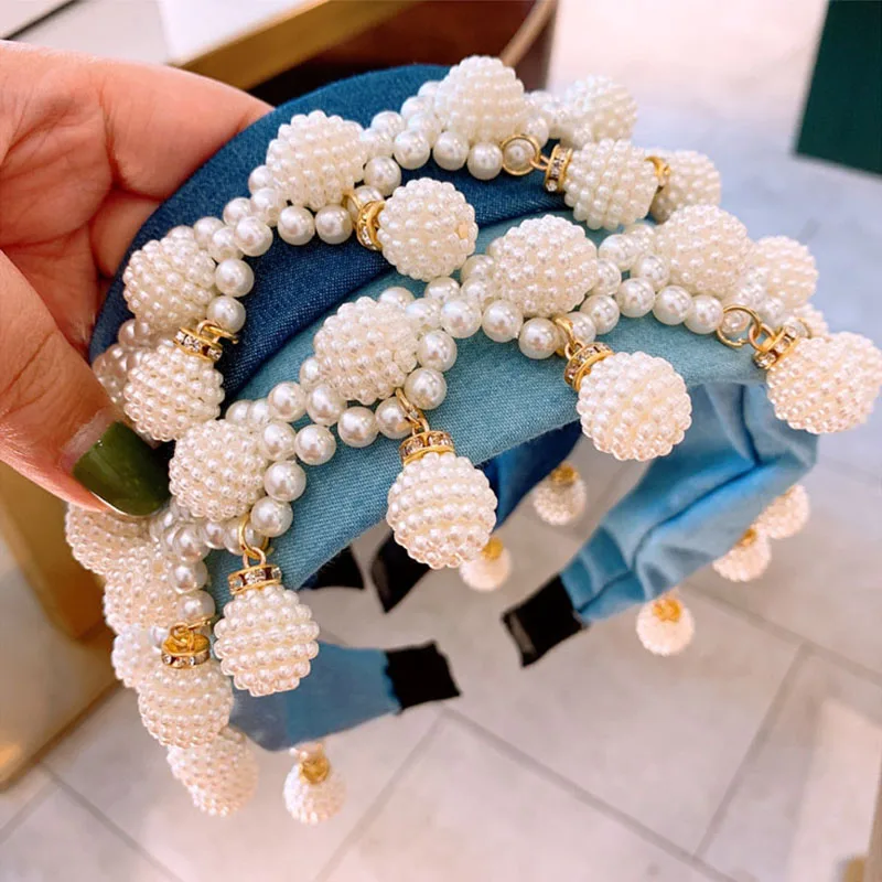 Дизайн, женские жемчужные стразы, синяя ткань, лента для волос, шикарная Роскошная широкая повязка на голову, винтажные аксессуары для волос
