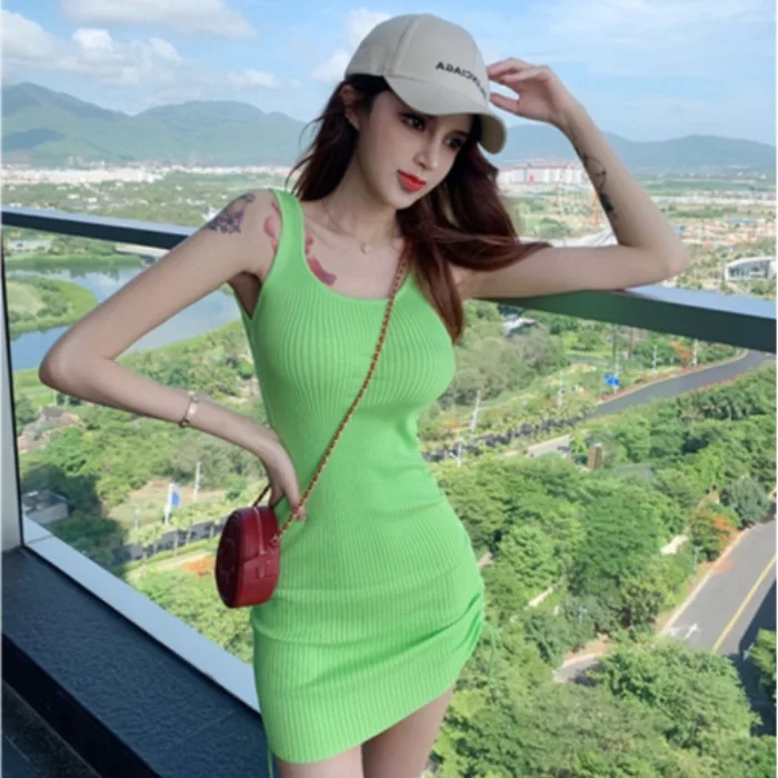 

New fashionable summer skirt, skinny, sexy pull-rope pleated knitted vest skirt