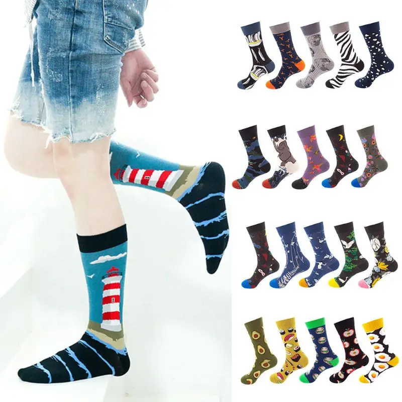 5 пар смешных Хлопковых Носков унисекс с рисунками из мультфильмов, Необычные чулочно-носочные изделия для скейтборда