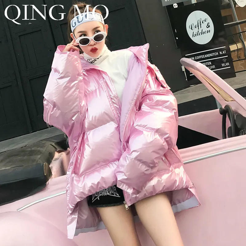 QING MO женская розовая однотонная одежда с хлопковой подкладкой, Женская необычная одежда с капюшоном, зимняя женская Свободная плотная одежда ZQY1201