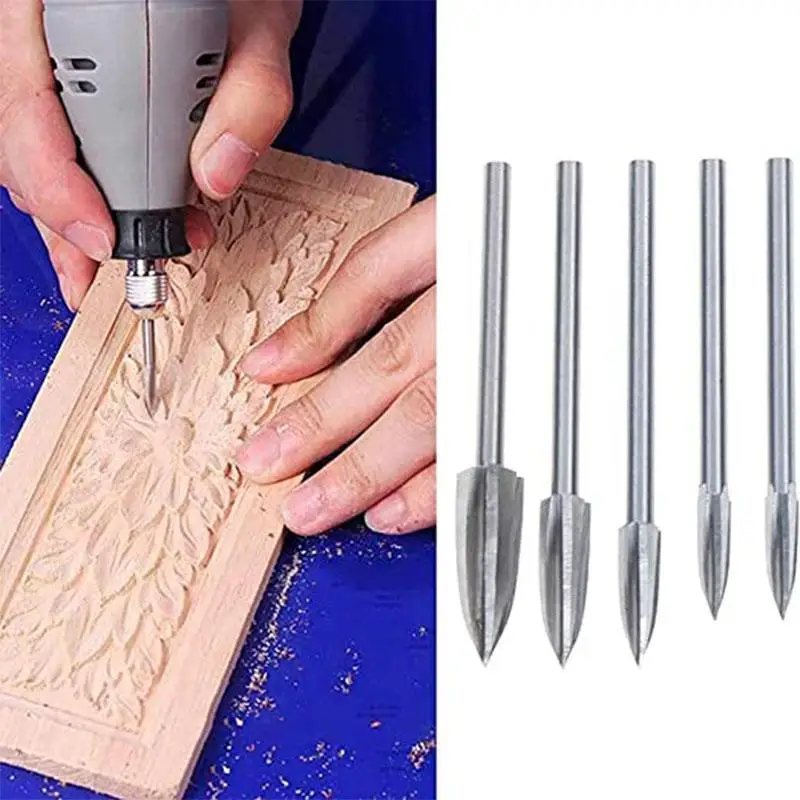 Carbide End Mill Wood Router Bits 5PCS/SET Wood Engraving Drill Bit Set Steel Solid Carbide Grinding Burr For Woodworking Drilling Carving Engraving