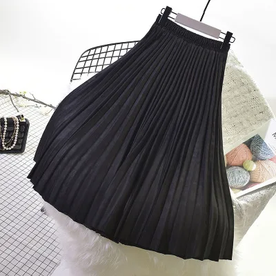 LUZUZI Осень Зима Новая корейская бархатная плиссированная юбка замша длинная высокая талия миди юбки женская модная юбка - Цвет: Черный