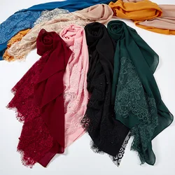 Fashion Malaysia Scarf Hijabs Head Wrap For Women Chiffon Lace Beading Pearl Muslim Headwrap Islamic Modesty Long Shawl Turkish