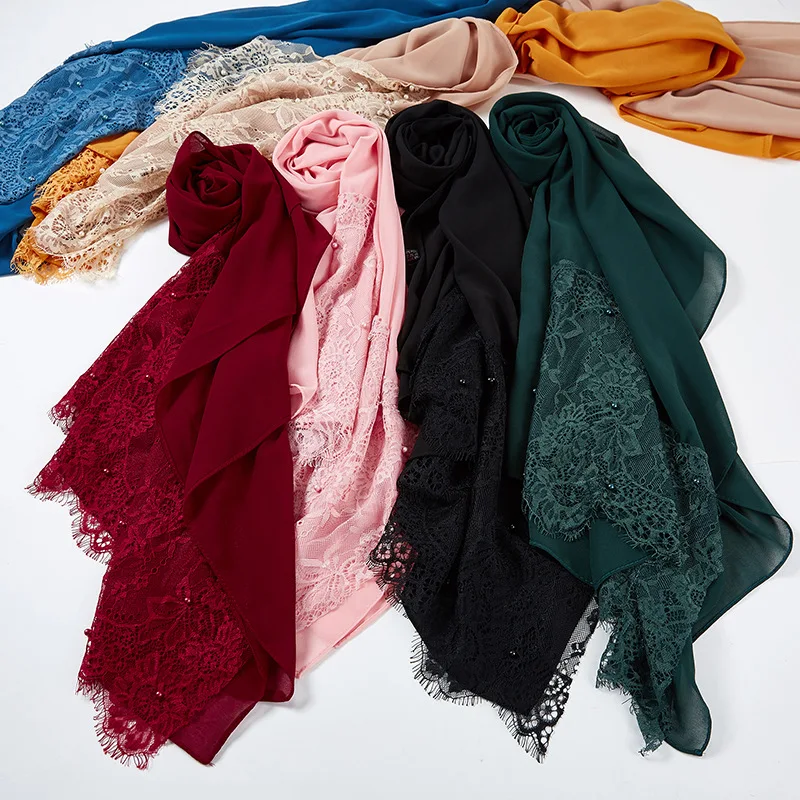 

Summer Elegant Lace Edges Scarf Head Wrap Female Muslim Hijabs Beading Nail Pearl Islamic Turban Long Shawl Turkish Head Scarf