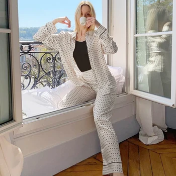 

HiLoc Polka Dot Faux Silk Pajamas Set Women Long Sleeve Home Sleepwear Satin Loose Two Piece Set Top And Pants Night Wear Winter