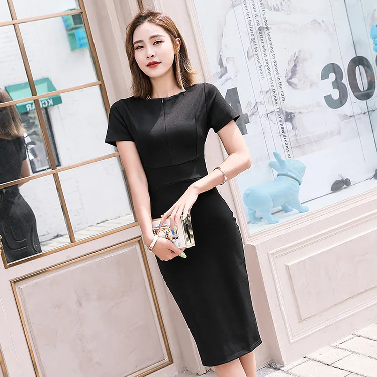 

2019 Spring And Summer New Style Short Sleeve Waist Hugging Medium-length Dress Slim Fit One-step Skirt Career Ol Mid-length She
