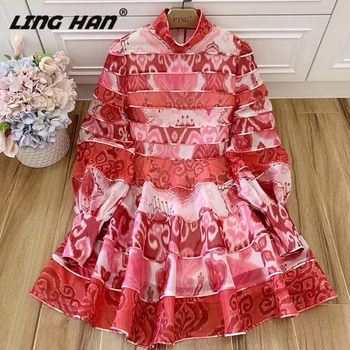 

LINGHAN Vacation Print Mini Dress Women's Fashion Stand Lantern Sleeve Patchwork Dresses Designer Spring Summer New