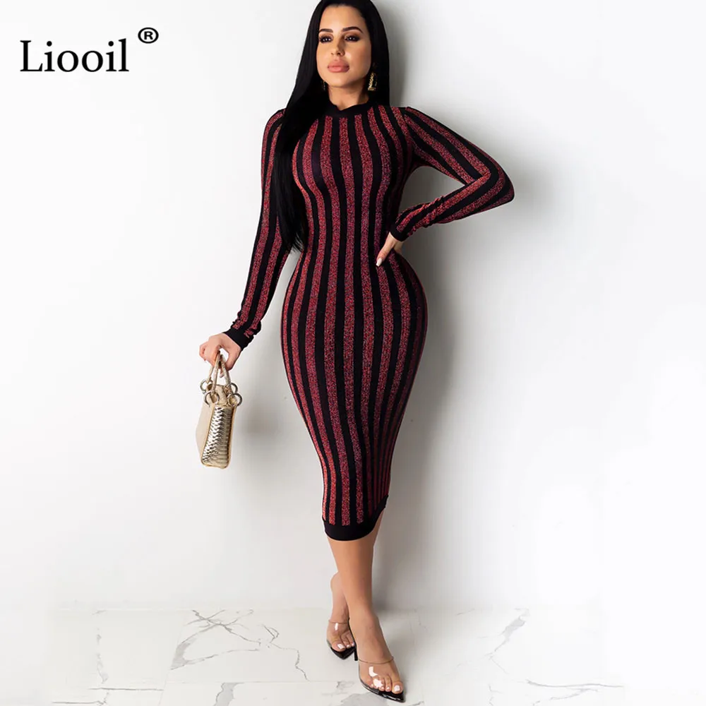 Liooil, сексуальное облегающее платье миди в полоску, весна, облегающие платья с длинным рукавом и круглым вырезом на молнии, женские Вечерние наряды для ночного клуба