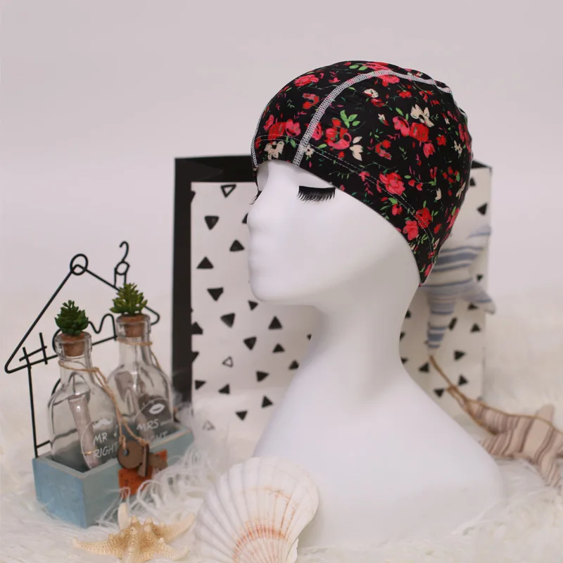 Flower Print Fabric Swimming Cap Swiming Pool Protect Long Hair Ears Hat Swim Bathing Hats Caps for Women Men Adults Ladies Hat
