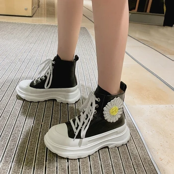 

womens boots ankle shoes black white Genuine Leather Lace-Up Motorcycle boots Round Toe Height Increasing women winter boots