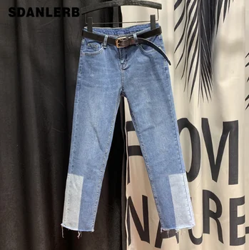 

High-Waist Straight Jeans Woman Fashion Spell Color Jeans Women's 2020 Spring New Slim-Fit Fur Trim Blue Denim Pants Jean Femme