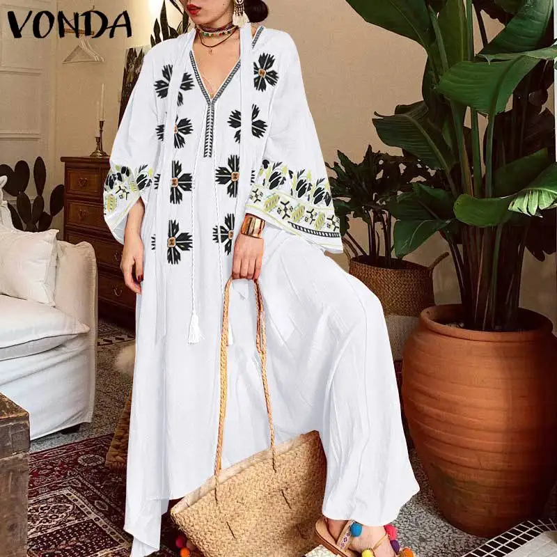 Сексуальное длинное платье с v-образным вырезом VONDA, женское платье, осенние платья с длинным рукавом, винтажные макси платья размера плюс ве... Сексуальное длинное платье с v-образным вырезом VONDA, женское платье, осенние платья с длинным рукавом, винтажные макси платья размера плюс ве...