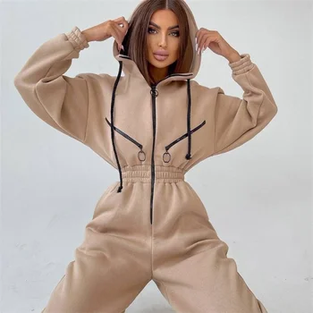 Casual Drawstring High-Waisted Basic Hoodie Thick Jumpsuit 1