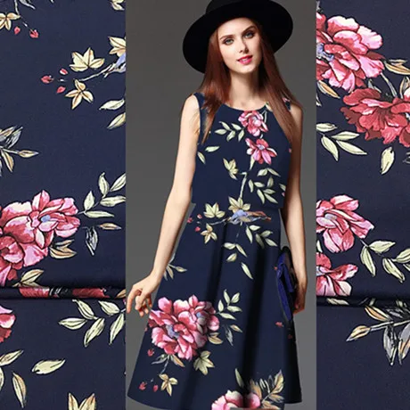 Navy Blue Background Silk Double Joe Printed Fabric 100% Dress T-Shirt Garment Designer | Дом и сад