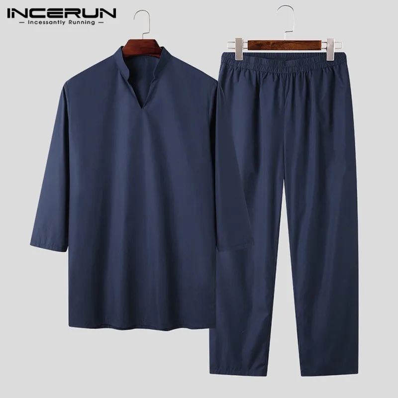 Chinese Style Men Sets Tang Suit 3/4 Sleeve Vintage Streetwear V Neck Solid Color Tops Loose Pants Retro Men Suits S-5XL INCERUN Chinese Style Men Sets Tang Suit 3/4 Sleeve Vintage Streetwear V Neck Solid Color Tops Loose Pants Retro Men Suits S-5XL INCERUN
