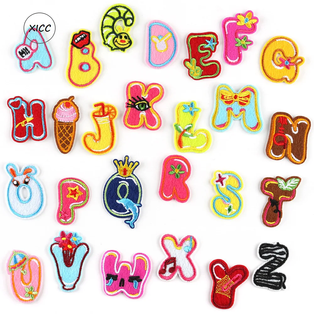 

XICC A-Z 26 English Alphabet Letter Fruit Animal Mixed Embroidered Patches Iron On Badge Paste For Clothes Jeans Pants Name DIY